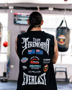 Back of the black Team Teremoana Muscle Tank showing the full back print with the Australian and Cook Islands flags and sponsor logos