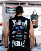 Back of the black Team Teremoana Muscle Tank on Teremoana, showing the team back print