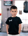 Boy wearing the kids black Team Teremoana Tee, front view