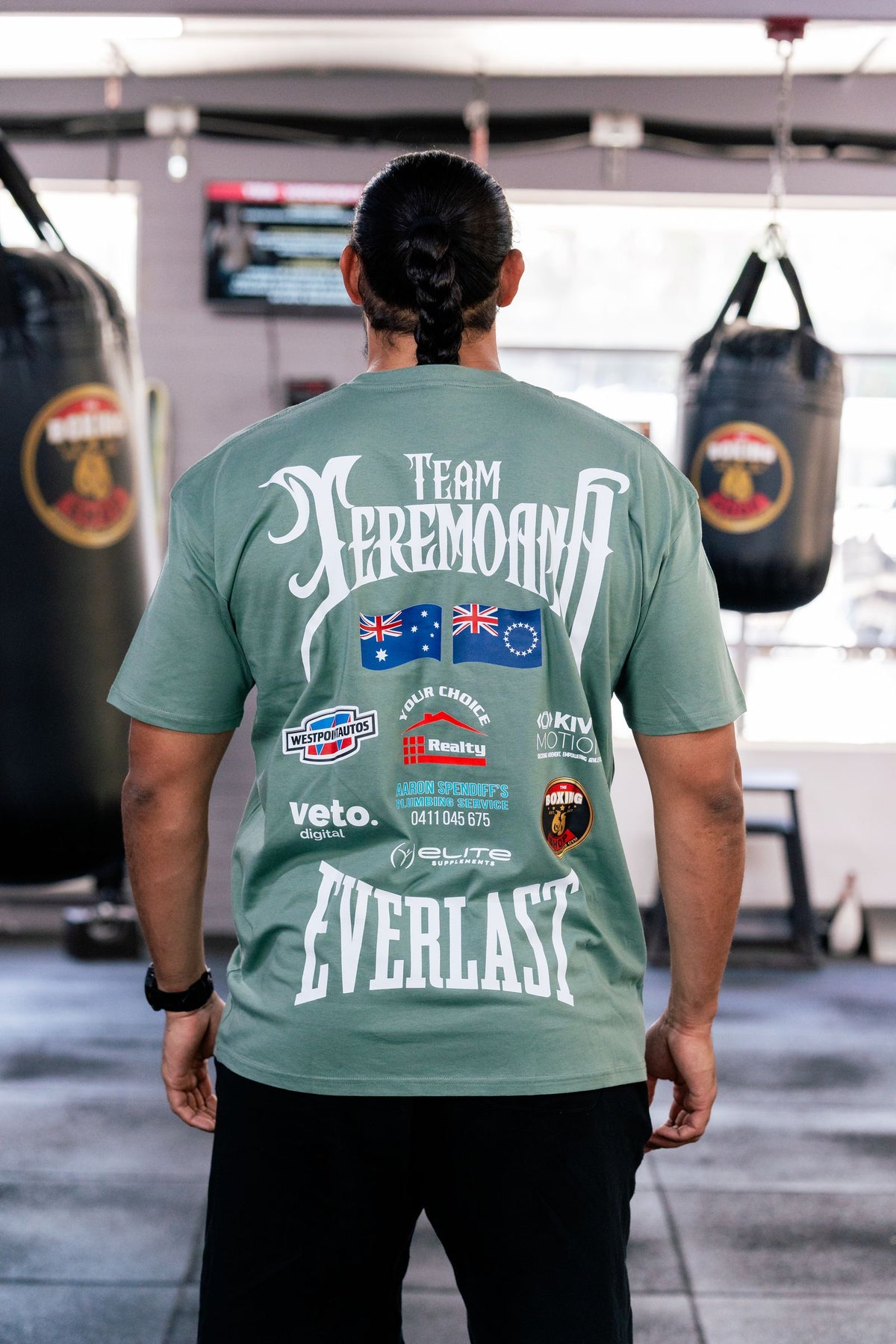 Back of the Sage Team Teremoana tee showing the full back print