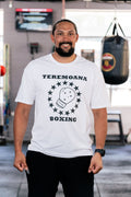 Teremoana wearing the white Teremoana Boxing tee, front view with the star and glove crest