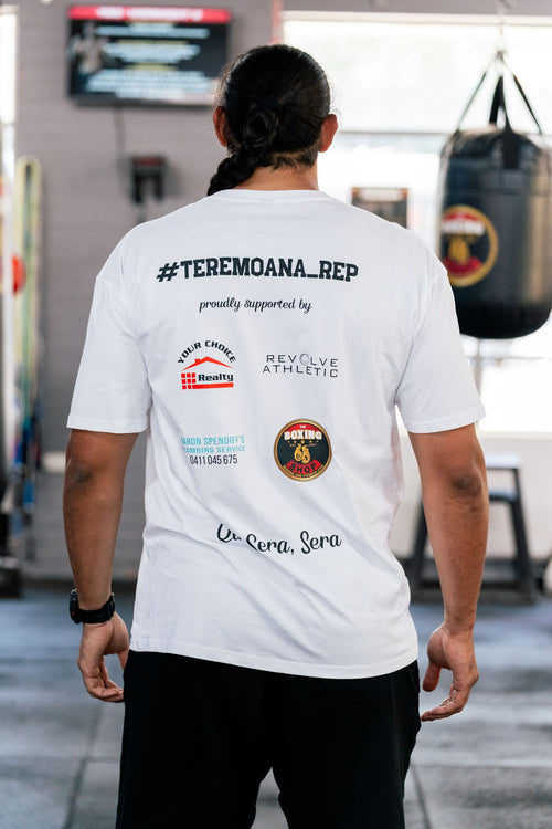 Back of the white Teremoana Boxing tee showing the #TEREMOANA_REP sponsor print