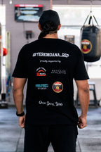 Back of the black Thunder From Down Under tee showing the #TEREMOANA_REP sponsor print